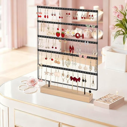 Earring Holder Organizer, 5-Tier Earring Organizer with 60-Pair Capacity, Wooden Base Metal Earring Display, Jewelry Storage & Display for Home Store, Suitable for Women