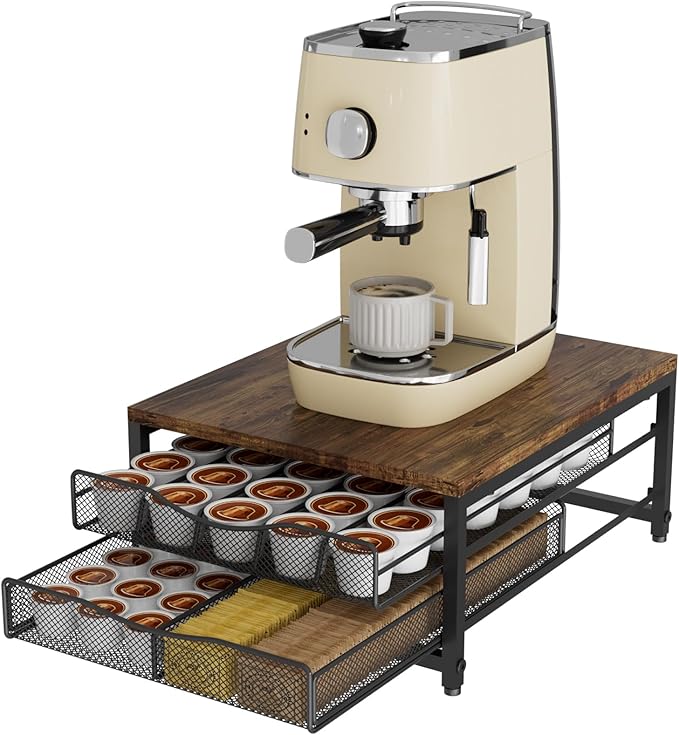 VyGrow Coffee Pod Holder For Counter, Wooden K Cup Holder with Double Layer Sliding Drawer, Large Capacity Coffee Pod Storage for Coffee Station, Home, Office, Kitchen