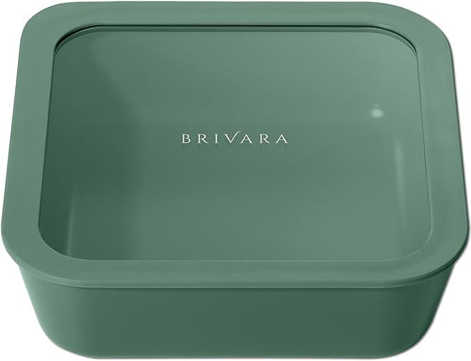 BRIVARA HOME Ceramic Coated Glass Food Storage Container | No PTFE, PFOA, PFAS, and BPA | Reusable Non Toxic Meal Prep Container with Glass Lid | Easy To Store | 8 Cup Square [Pine]