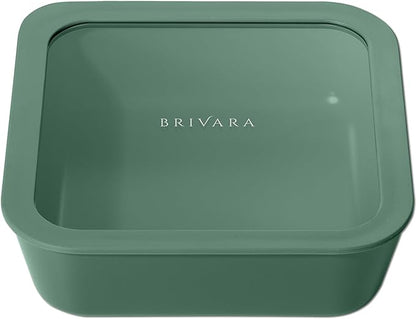 BRIVARA HOME Ceramic Coated Glass Food Storage Container | No PTFE, PFOA, PFAS, and BPA | Reusable Non Toxic Meal Prep Container with Glass Lid | Easy To Store | 8 Cup Square [Pine]