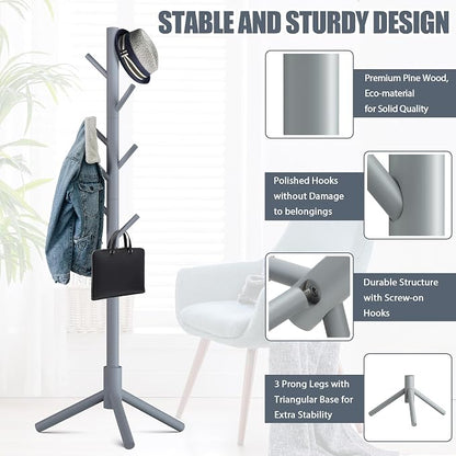Haddockway Wooden Coat Rack Stand with 8 Hooks New Zealand Pine 3 Adjustable Coat Standing Tree Easy Assembly for Coats, Hats, Scarves and Handbags for Entryway, Hallway, Bedroom, Office
