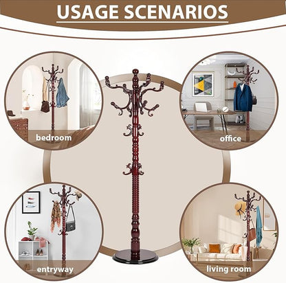 Solid Wooden Coat Rack Stand, Coat Racks Freestanding with 14 Hooks, Natural Birch Wood Coat stands with Sturdy Round Base, tree Coat Hanger Standing for Entryway Bedroom Office (Redwood disc)