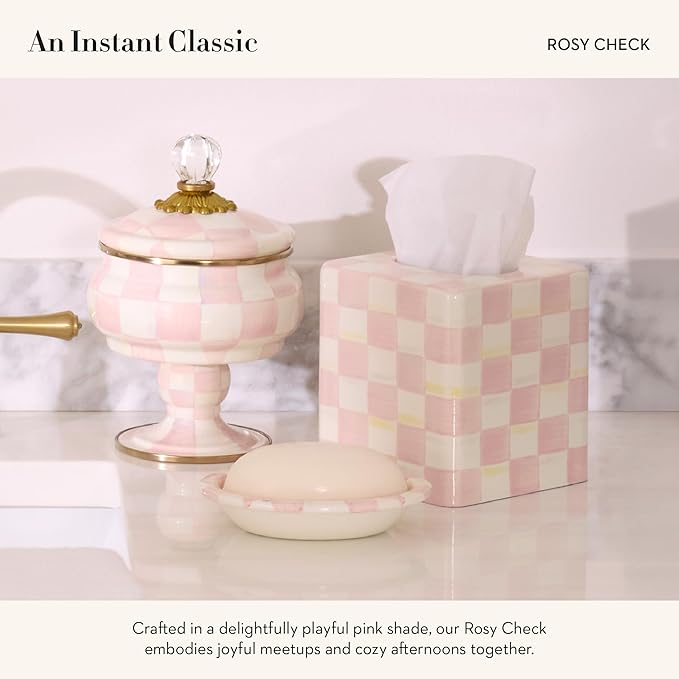 MACKENZIE-CHILDS Boutique Square Tissue-Box Cover, Tissue Holder for Home Decor, Pink-and-White Rosy Check