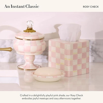 MACKENZIE-CHILDS Boutique Square Tissue-Box Cover, Tissue Holder for Home Decor, Pink-and-White Rosy Check