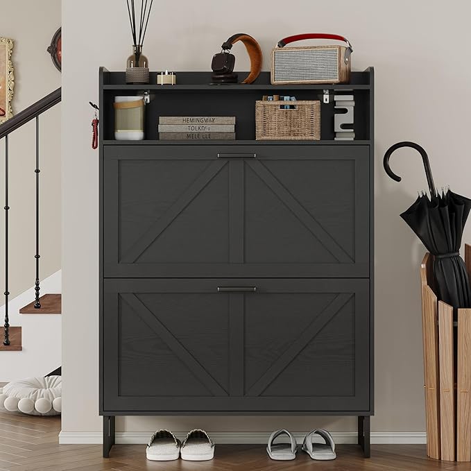 Shoe Cabinet with 2 Flip Drawers Narrow Shoe Storage Cabinet Organizer Wooden Freestanding Rack Hidden Slim Storage for Entryway, Hallway, Living Room, Bedroom