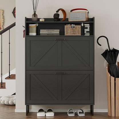 Shoe Cabinet with 2 Flip Drawers Narrow Shoe Storage Cabinet Organizer Wooden Freestanding Rack Hidden Slim Storage for Entryway, Hallway, Living Room, Bedroom