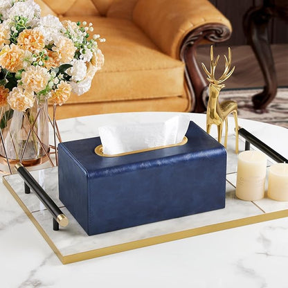 Rectangle Tissue Box Cover for 120-160 Count Box of Tissues, Luxury PU Leather Tissue Holder with Magnetic Closure (Dark Blue)