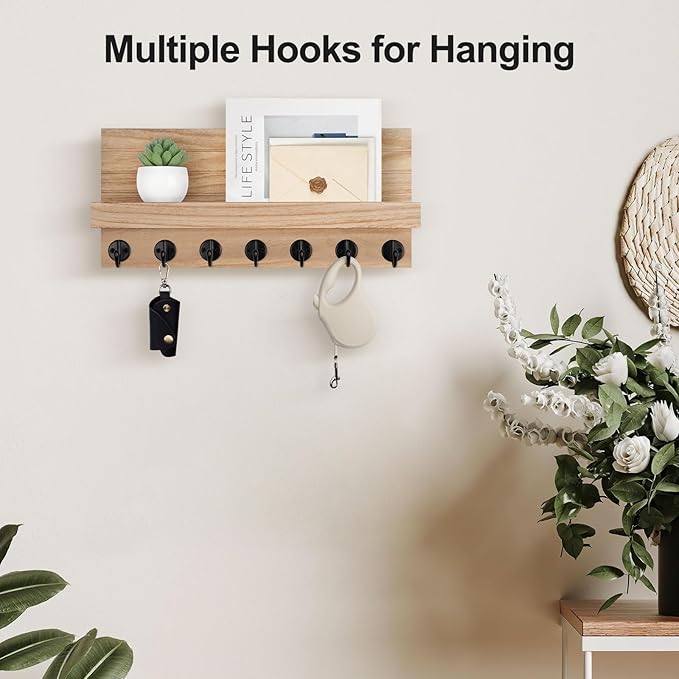 Key Holder Wall Mount, Entryway Key and Mail Holder with 7 Sturdy Hooks for Sunglasses, Dog Leash, Decorative Wall Shelf with Mounting Hardware, 15”W x 6.7”H x 4.2”D (Wood)