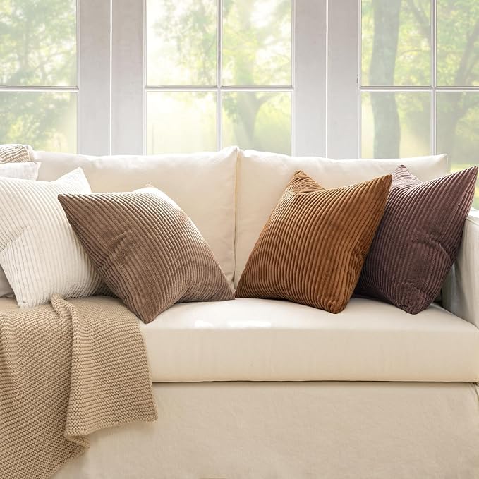 MIULEE Boho Farmhouse Throw Pillow Covers 24x24 Inch Set of 4 Rustic Mordern Neutral Cushion Covers Soft Corduroy Nordic Home Decor for Couch Bed Sofa Living Room Brown