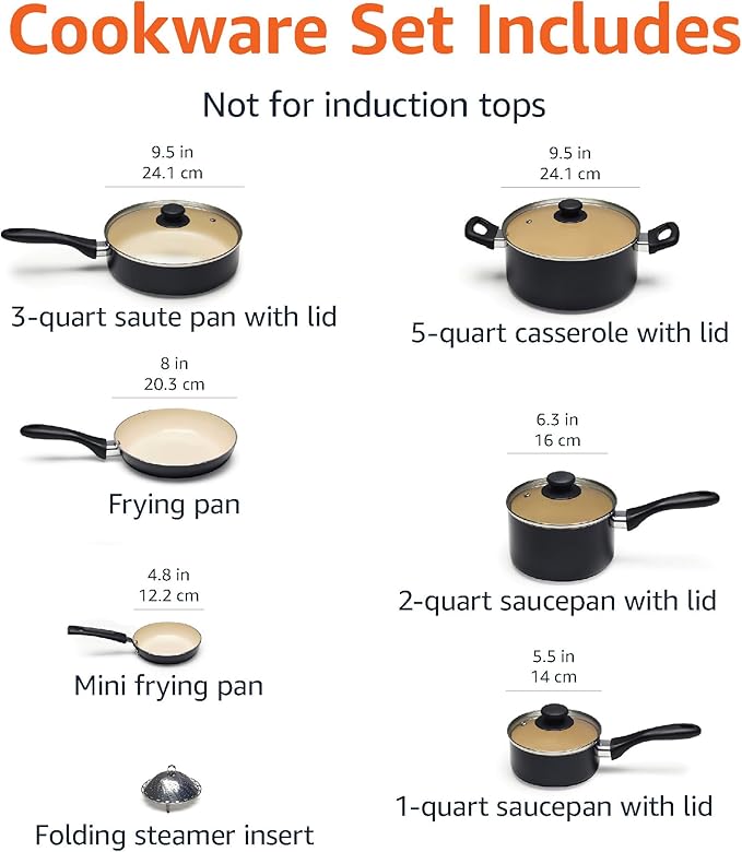 Amazon Basics 11-Piece Ceramic Non-Stick Pots and Pans Set, Dishwasher & Oven Safe, Easy Clean, Glass Lids, Black/Cream