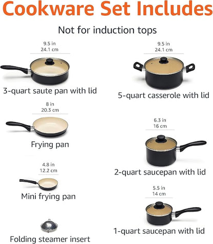 Amazon Basics 11-Piece Ceramic Non-Stick Pots and Pans Set, Dishwasher & Oven Safe, Easy Clean, Glass Lids, Black/Cream