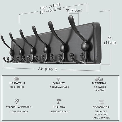 Dseap Coat Rack Wall Mounted - 24" Long 6 Tri Hooks, Heavy Duty Wooden Wall Coat Hanger Coat Hook for Clothes Hat Jacket Clothing, Black