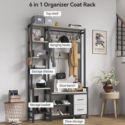 Hall Tree for Entryway 43", Bench with Shoe Storage, Large Coat Rack Shoe Bench with 5 Tier Shelves, 5 in 1 Design Front Door Shoe Rack and Wall Rack Hooks, and 2 Drawers (Rustic White)
