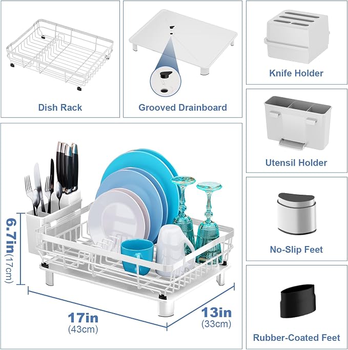MOUKABAL Dish Drying Rack, Dish Rack, Stainless Steel Dish Racks for Kitchen Counter, Dish Drainer with Removable Utensil Holder, Drainboard (White,13''W x 17''L)