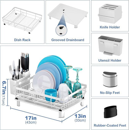 MOUKABAL Dish Drying Rack, Dish Rack, Stainless Steel Dish Racks for Kitchen Counter, Dish Drainer with Removable Utensil Holder, Drainboard (White,13''W x 17''L)