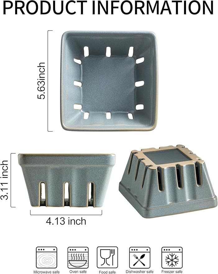 Gomakren Fruit Basket for Kitchen, Fruit Bowl with Holes, Ceramic Berry Basket Set of 2, 5.7 Inch Square Berry Containers for Fridge, Table, Modern Kitchen Decor, Slate Blue