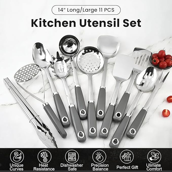 Stainless Steel Cooking Utensils Set 11 Piece - Xhiver Kitchen Tools 18/0 Heavy Duty for Grilling & Serving, Includes Slotted Spatula, Soup Ladle, Metal Turner & More, Heat Resistant, Dishwasher Safe