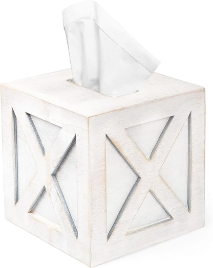 Ilyapa Wood Tissue Box Cover Farmhouse X Patterned- Rustic Farmhouse White Wood Tissue Holder