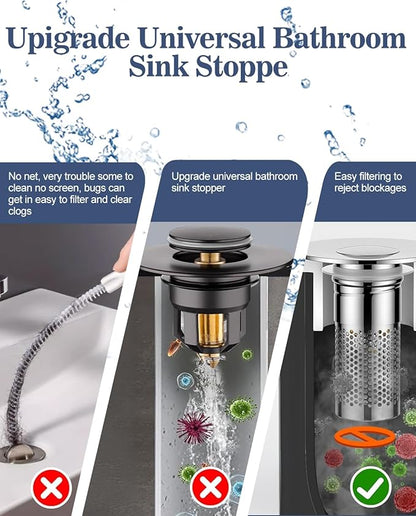 Bathroom Sink Drain Strainer, Universal Pop-up Sink Stopper with Removable Hair Catcher & Stainless Steel Filter Basket, Anti-Clog Drain Protector Fits Most US Standard Bathroom Sinks