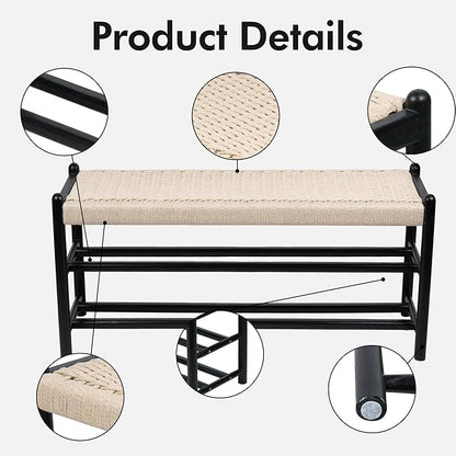 Solid Wood Entryway Bench with Shoe Storage, Rustic Oak Wood and Woven Design 39.4 Inch Long Seating for Living and Dining Rooms, 3-Tier Black