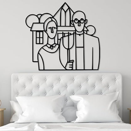 Modern American Gothic Wall Art - Unique Line Art Home Decor for Living Room and Bedroom - Stylish Farmhouse Wall Decor, Artistic Metal Wall Sculpture, Gift for Art Lovers and Homeowners (18 x 17 inches)