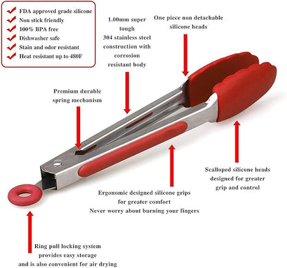 Hot Target Set of 3 (7, 9, 12 inches) Kitchen Tongs for Cooking - Heavy Duty & Non-Stick with Stainless Steel - Kitchen Tongs with Silicone Tips - Heat Resistant Long Food Tongs for Grilling BBQ - Red