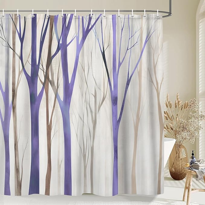 MERCHR Brown Purple Tree Fabric Shower Curtain, Art Style Abstract Birch Forest Rustic Wood Polyester Fabric Waterproof Bath Curtain, Farmhouse Bathroom Shower Curtains with Hooks 72X72 Inch