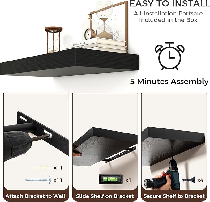 Floating Shelves for Wall, 55 Inch Wide x 12 Inch Deep Floating Shelves, Long Wood Floating Wall Shelf Shelves for Living Room Bathroom Bedroom Kitchen Home - (Black, 55" W x 12" D x 2" H)