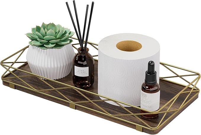 Toilet Paper Basket Holder, 13" Bathroom Tray Countertop, Wood and Metal Toilet Tank Tray Bathroom Vanity Organizer for Toiletry, Kitchen Sink Organizer for Soap Dispenser (Brown+Gold)
