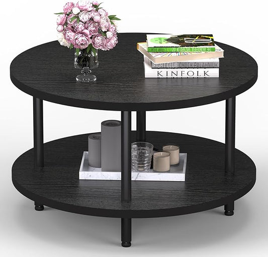 FAMIDGE Round Coffee Table, 23.6" Circle Coffee Table for Living Room, 2-Tier Wood Accent Center Table with Open Storage Industrial Design Home Furniture, Black