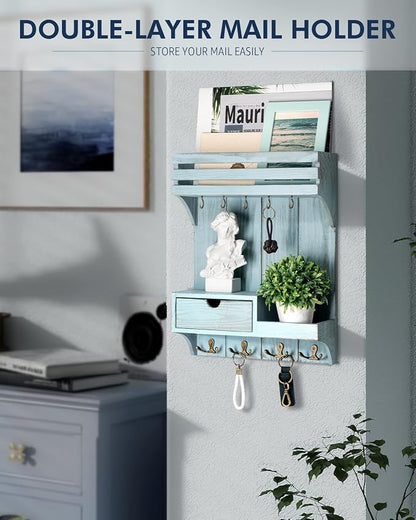 Rebee Vision Decorative Key Holder Wall Mount with Mini Drawer Organizer - Stylish Key Holder for Wall with Mail Organizer & 9 Key Hooks - Apartment Essentials for Home Decor (Blue)