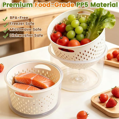 8 Pieces Airtight Fruit Storage Containers for Fridge with Air Circulation Vent, 4 Pack Round Produce Saver with Colander for Berry Lettuce Salad Vegetable Storage, Refrigerator Organizers -White