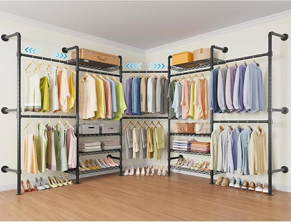 Timate L Shape Closet Rack Wall Mount for Corner, Heavy Duty Hanging Garment Rack Clothing Rack with 8 Adjustable Shelves & 4 Hanger Rods, Closet System for Hanging Clothes, Black