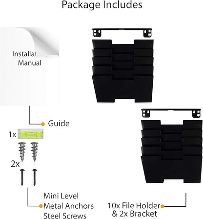 Wallniture Lisbon 10-Tier Wall Mounted File Holder and Desk Organizer, Metal Black Office Organization and Storage Rack