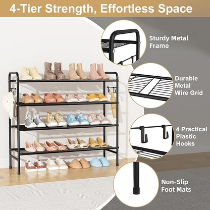 4-Tier Shoe Rack 33" Wide Metal Shoe Organizer Long Shoe Storage with 4 Side Hooks Sturdy Shoes Shelf for Closet, Front Door Entrance, Garage, Dorm, Black