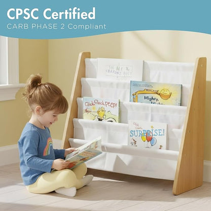 Humble Crew 4-Tier Kids Bookshelf, Natural Wood/White - Premium Book Shelf for Kids Rooms with Four Deep Pockets - Toddler Sling Book Rack with Deep Sleeves, Nursery Bookcase Organizer