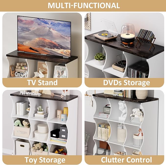 9 Cube Book Shelf, Low and Short Bookshelf, Long Cube Storage Organizer Wood TV Stand, Toy Organization DVD Cabinets for Living Room, Office, Bedroom, Dorm, White with Dark Brown Top