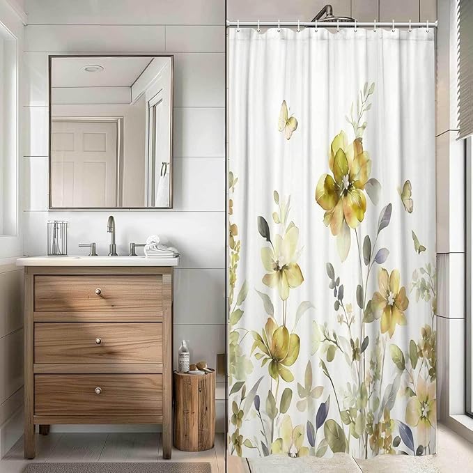 Yellow Floral Shower Curtain, Yellow Lavender Floral Butterfly Boho Shower Curtains for Bathroom, Farmhous Flower Cute Fabric Shower Curtain Set with 12PCS Hooks, 60X70IN