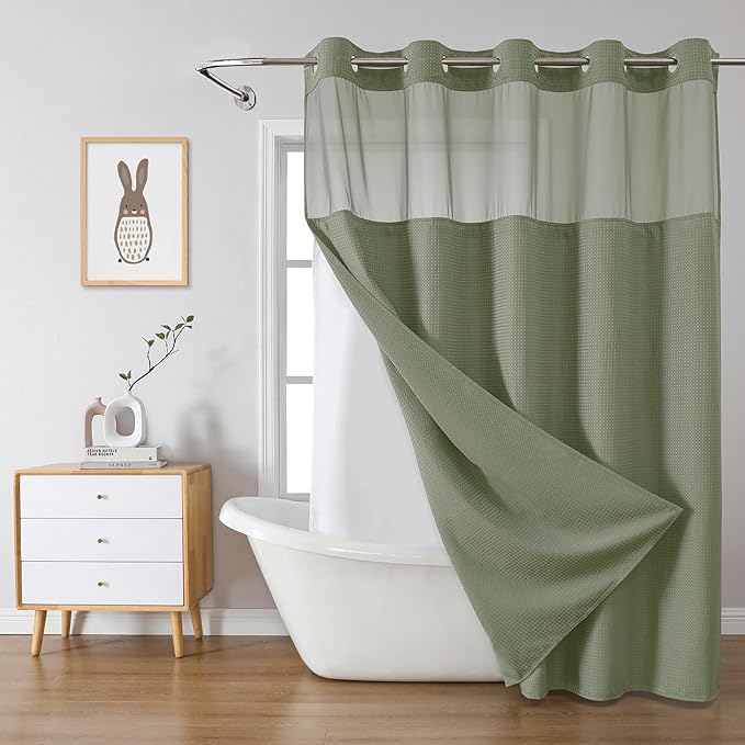 SageGreen Long No Hook Waffle Weave Shower Curtain with snap-in Liner Replacement, 230GSM Waterproof Fabric Hotel Shower Curtain Set for Bathroom, Through Mesh Top Window,71Wx80H