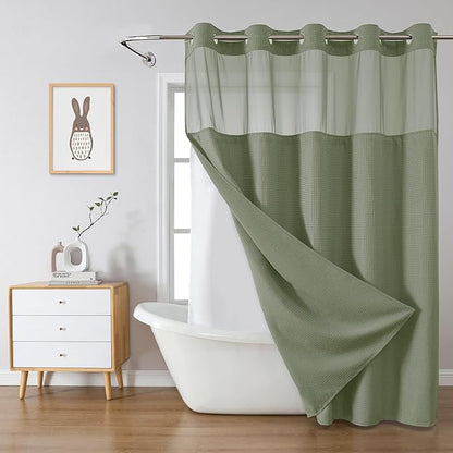 SageGreen Long No Hook Waffle Weave Shower Curtain with snap-in Liner Replacement, 230GSM Waterproof Fabric Hotel Shower Curtain Set for Bathroom, Through Mesh Top Window,71Wx80H