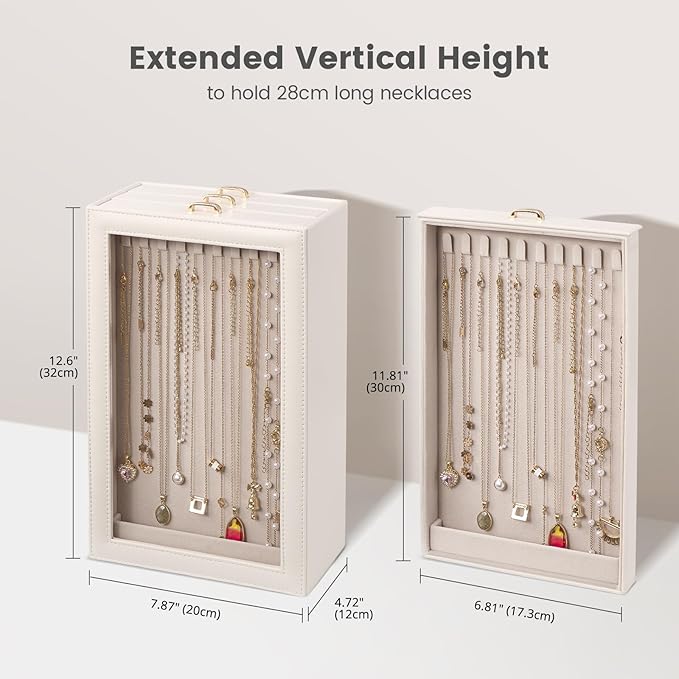 Lolalet Necklace Organizer Box, Jewelry Storage Box with Clear Window for Necklaces Bracelets, Tangle-Free Necklace Display Case for Women Girls, White, 3 Layers 30 Hooks