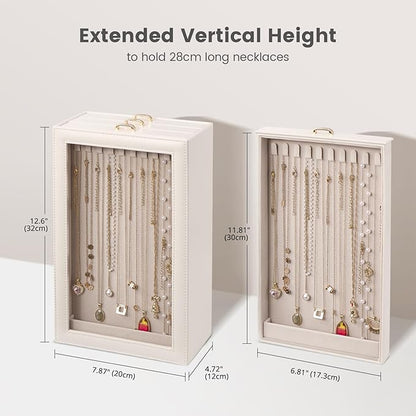 Lolalet Necklace Organizer Box, Jewelry Storage Box with Clear Window for Necklaces Bracelets, Tangle-Free Necklace Display Case for Women Girls, White, 3 Layers 30 Hooks