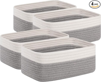 OIAHOMY 4 Pack Storage Baskets for Organizing, Small Bins for Shelves, Cute Decorative Storage Bins, Organizer Baskets for Gifts Empty, 13.8''Lx9.8''Wx5.5''H, Grey/White