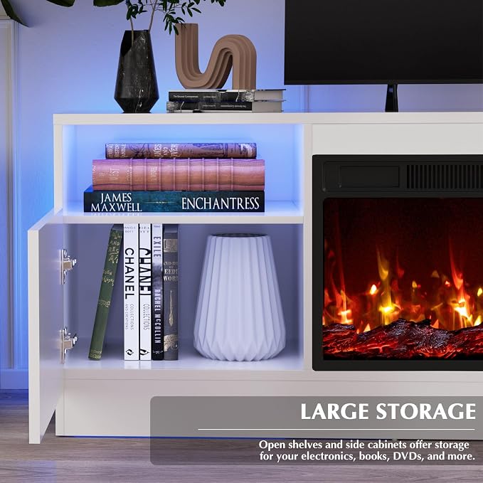 LEMBERI 70" Fireplace TV Stand for TVs up to 80", 36" Electric Fireplace 750W/1500W Entertainment Center with 20-Color LED, 300lbs Max Capacity High Gloss Storage Cabinet Console, White