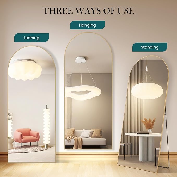 NEWBULIG Arched Mirror Full Length, 71"x26" Body Wall Mirrors with Shatter-Proof Glass, Upgraded Floor Standing Mirror, Hanging or Leaning, with Stand Aluminum Alloy Frame for Home Decor, Gold