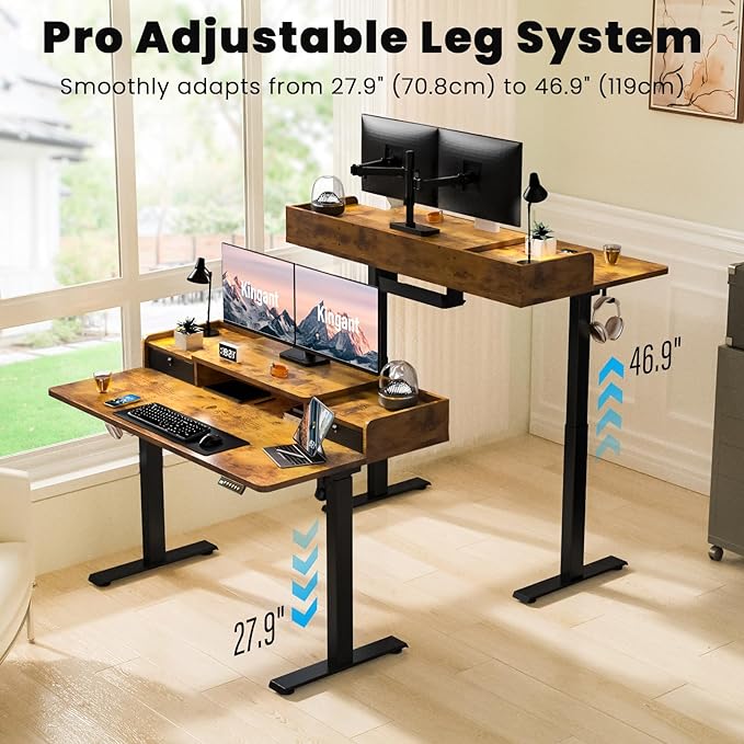 Kingant 63 x 30 Inch Electric Standing Desk with Dual Drawers, Adjustable Height Computer Desk for Home Office, Large Workstation Sit Stand Up Desk with Built-in Storage Shelf, Rustic Brown