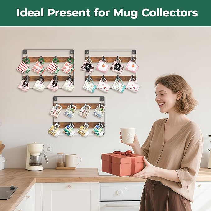 EsLuker.ly Mug Holder Hanger Rack Wall Mounted Wooden 3 Pack Coffee Cup Storage Organizer Display Shelf with 24 Movable Plastic Hooks, Ideal for Mug Collectors
