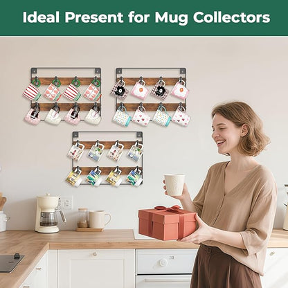 EsLuker.ly Mug Holder Hanger Rack Wall Mounted Wooden 3 Pack Coffee Cup Storage Organizer Display Shelf with 24 Movable Plastic Hooks, Ideal for Mug Collectors