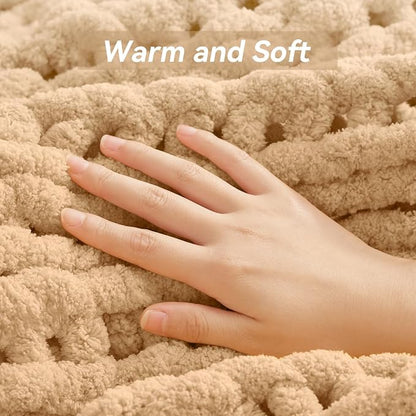 Negwoo Chunky Knit Throw Blanket, 40''*50'' Knitted Throw Chenille Yarn for Bed Couch, Handmade Beige Crochet Big Thick Blanket, Machine Washable Cute Comfy Blanket for Home Decor