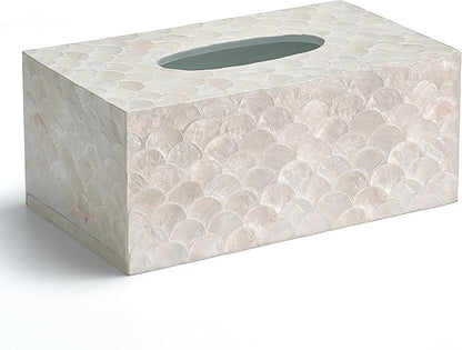 CHI AN HOME Rectangular Capiz Tissue Box Cover, Decorative Mother of Pearl Inlay Tissue Box Holder for Bedroom, Bathroom, Kitchen, and Office, Rectangle Tissue Box Cover White (10.25” x 5.9” x 4.33”)